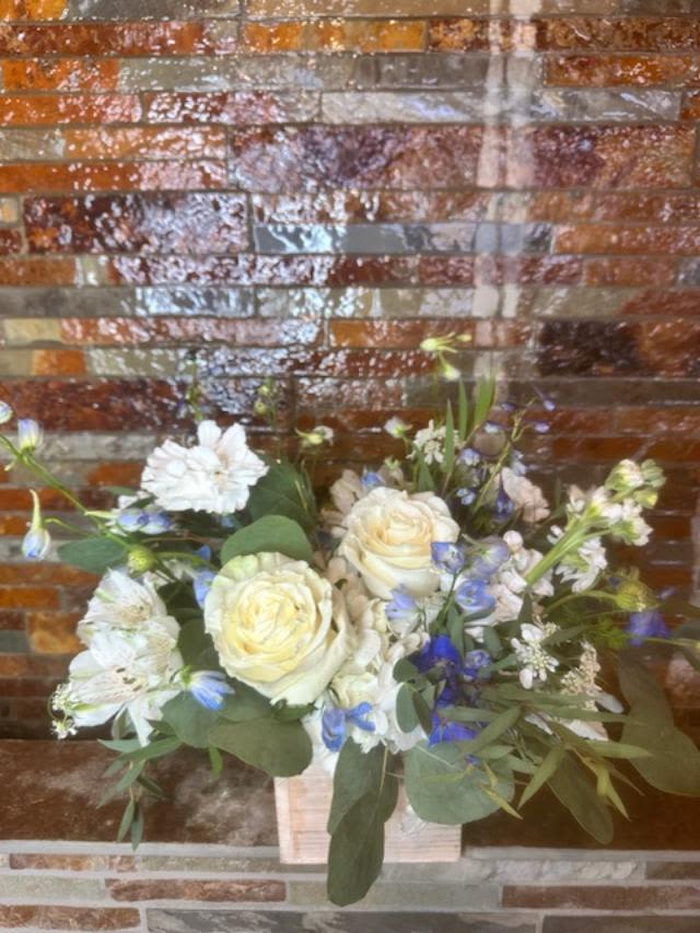 Soft and Sweet - Hydrangea, roses, stock and delphinium designed in a soft style a color pallet in a natural toned wooden box