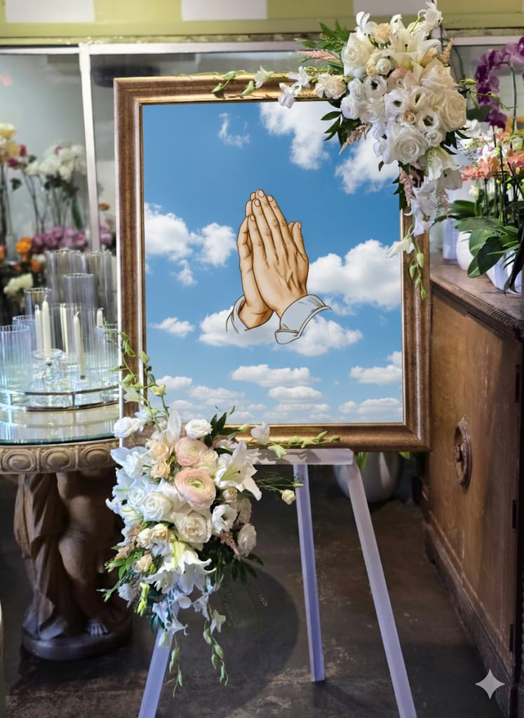 In Loving Memory - Honor a loved one's memory with this beautiful and touching funeral easel sign. This elegant memorial tribute is adorned with a lush floral swag of white roses, lilies, and pale pink ranunculus, creating a peaceful and respectful centerpiece for any memorial service, celebration of life, or funeral. The sign is displayed on a classic wooden easel, making it a perfect focal point for remembering a cherished life.