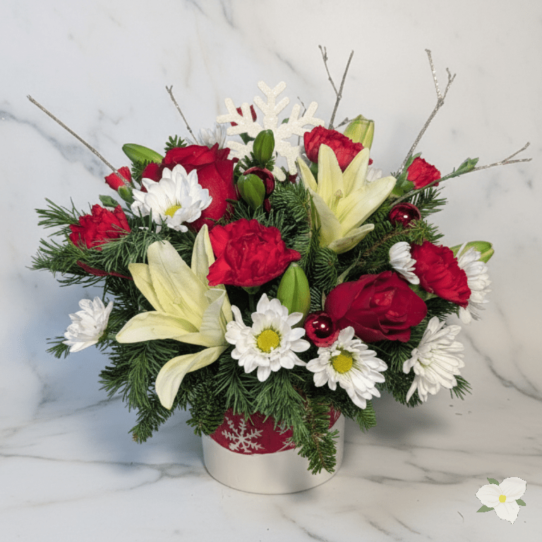 Baby It's Cold Outside - Baby It’s Cold Outside is a cheerful winter bouquet that brings warmth and charm to the coldest days. This festive arrangement features rich red roses and carnations, creamy white lilies, and crisp white daisy mums, all nestled into fragrant seasonal evergreens. Finished with sparkling holiday accents and a snowflake container, this bouquet captures the magic of a classic Christmas song and the comfort of the season. Perfect for spreading holiday cheer, gifting to someone special, or adding a cozy Christmas touch to your home.