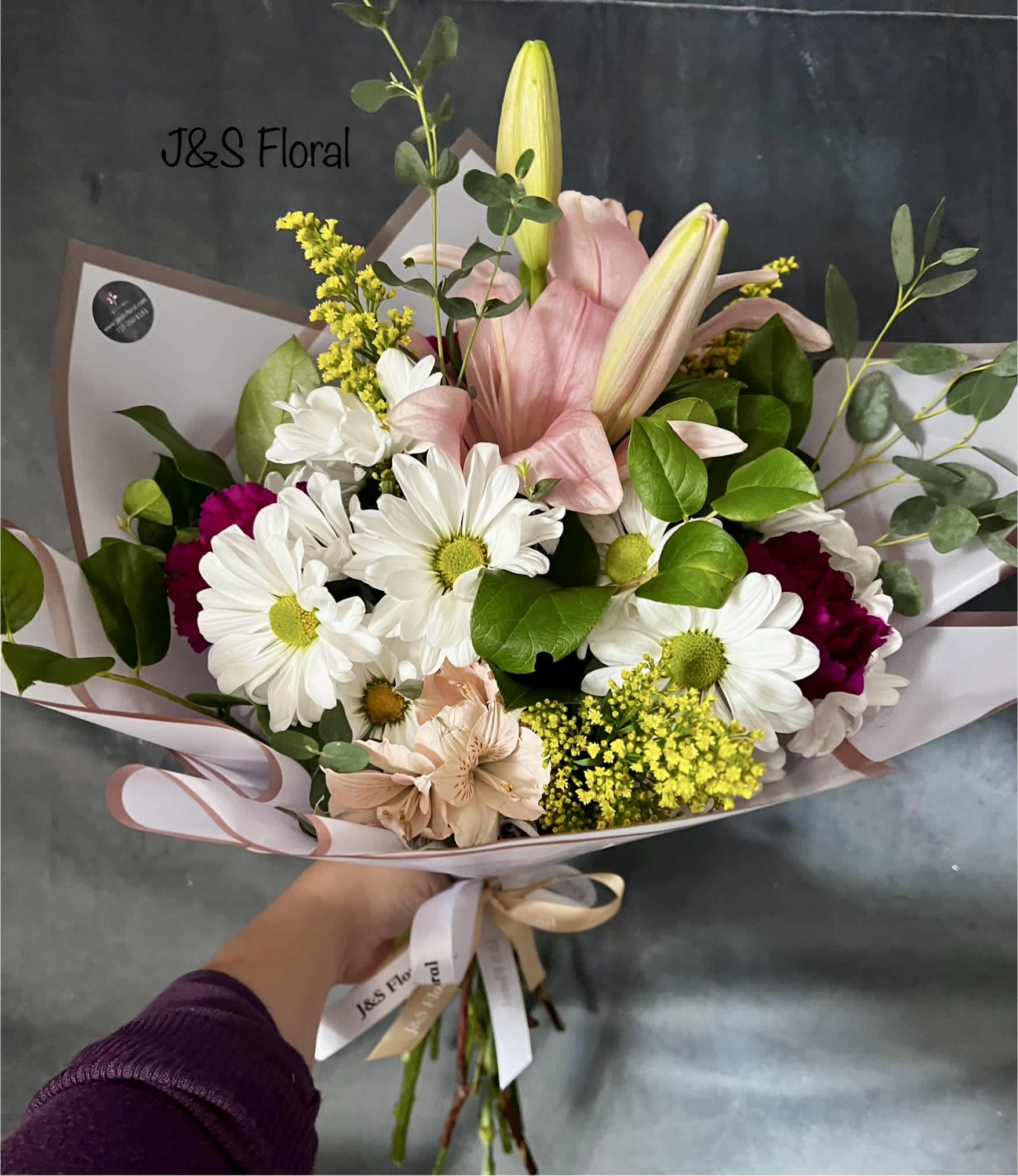 Ava Bouquet  - introducing Our New Design Luna hand tied bouquet, beautifully arranged with lilies, daisies, alstroemerias, carnations fillers and greenery