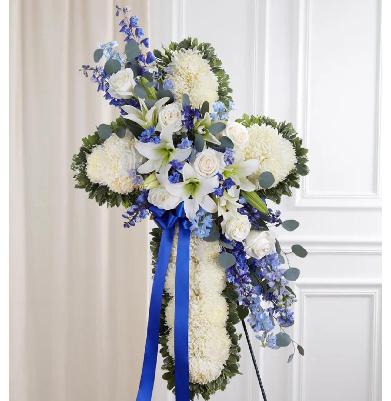 Peace &amp; Prayers™ Blue &amp; White Standing Cross - Celebrate a life of faith and devotion with our elegant sympathy arrangement