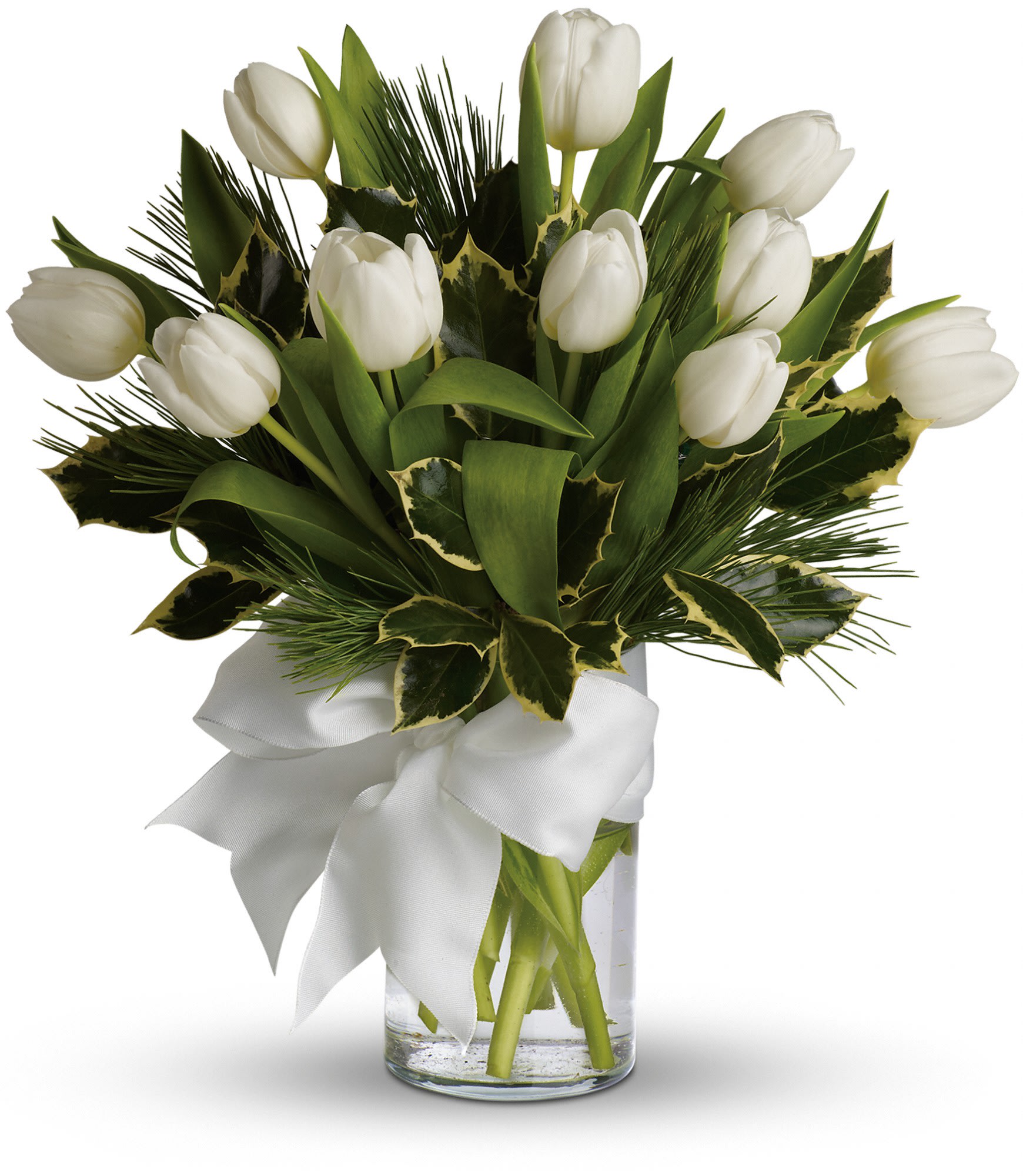 Wintery White Tulips - 10 white tulips arranged in a clear glass cylinder with assorted greenery and accented with a white ribbon.  TT-WNTRTLP10 