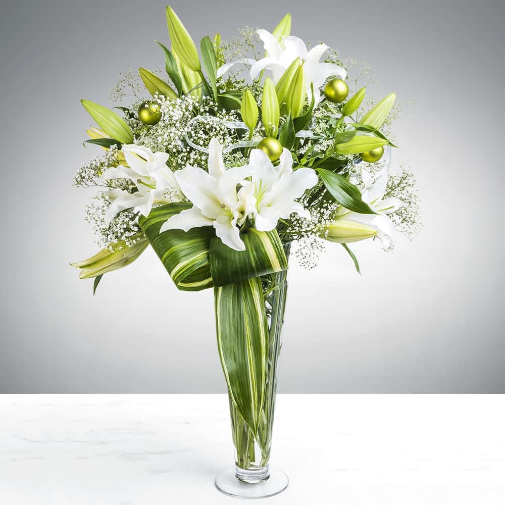 New Years Eve bouquet - Wish them a Happy New Year in style.  A festive yet elegant all white bouquet of white lilies, babies breath, fairy lights and silver ting ting.