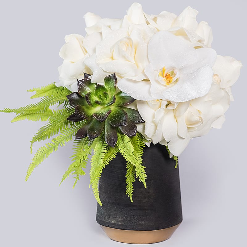 LA Chic - A chic and stylish arrangement that can fit a small surface! This stunning arrangement is full of reflexed white Roses, accented with a Succulent and Umbrella Ferns, finished with a perfect white Phalaenopsis Orchid. Container subject to change based on availability.