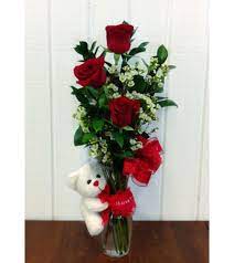 HUG ME THREE ROSE TRIO - THREE ROSE TRIO VASE WITH A HUGGING TEDDY BEAR ,