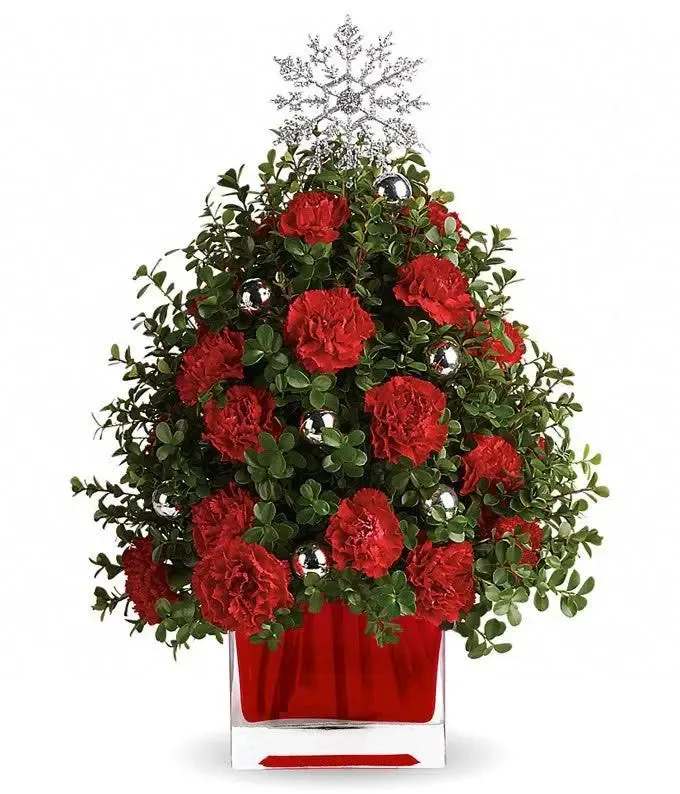Snowflake Christmas tree - This beautiful Christmas tree arrangement is full of miniature red carnations, english boxwood, silver ornament balls and topped with a darling silver snowflake. This Christmas tree is hand-delivered in a red cube container. Note: Container may vary depending on local florist's availability.