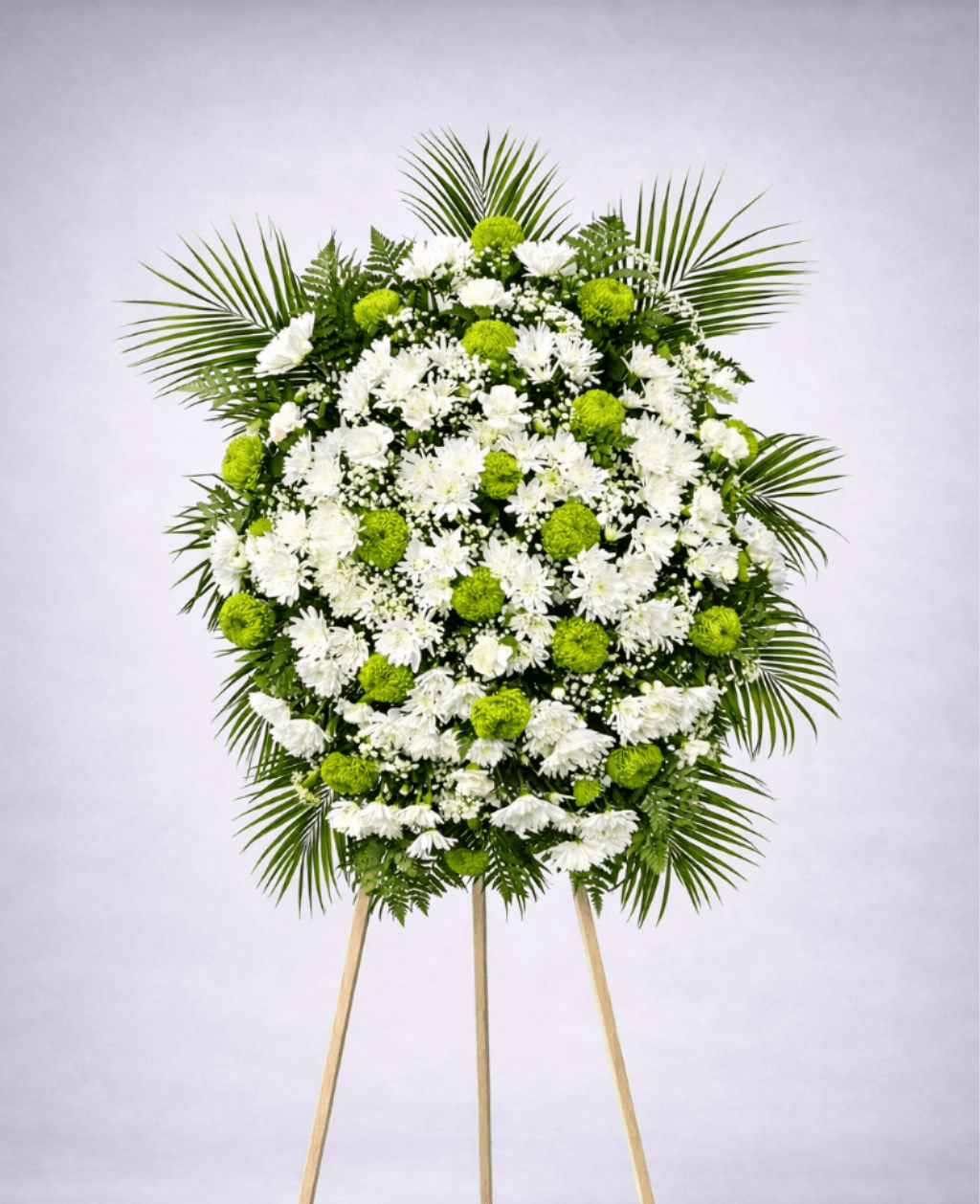 Timeless Tribute Funeral Wreath - Crafted with white chrysanthemums and green button poms, this elegant standing wreath symbolizes peace and remembrance. Ideal for funeral services, memorials, and celebrations of life, it offers a dignified way to honor and express sympathy for a loved one. DELUXE size is shown in the main picture.