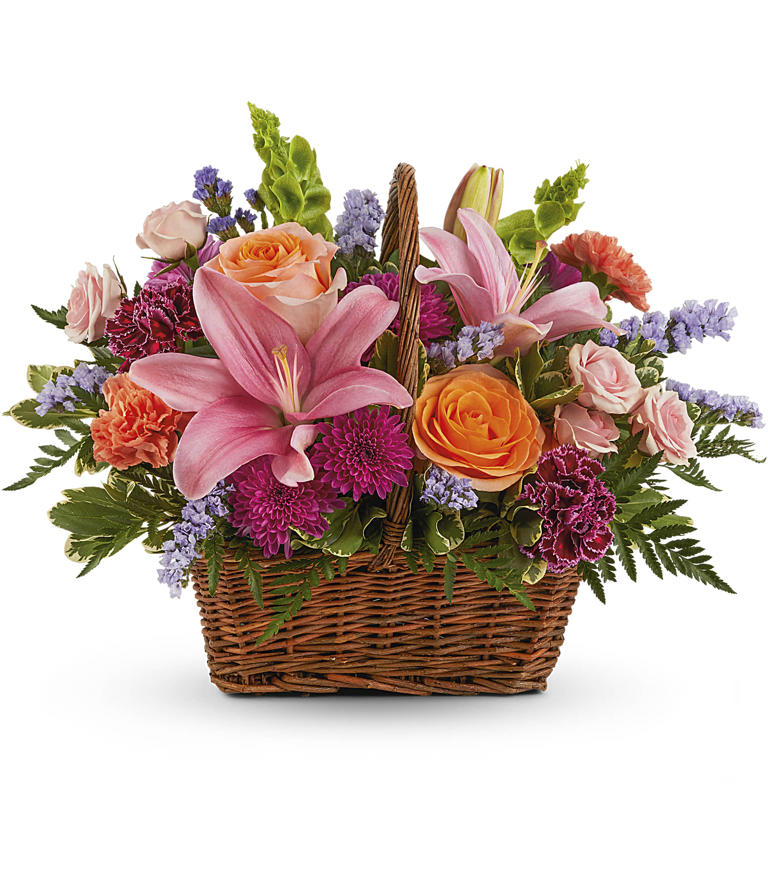 Blooming Joy Basket - Like an island sunrise, this basket of orange and pink blooms are a glowing reminder of life's greatest joys.   This bouquet features roses, lilies, carnations, chrysanthemums, statice, and greenery. Arranged in a handled basket.  Approximately 18" W x 14" H