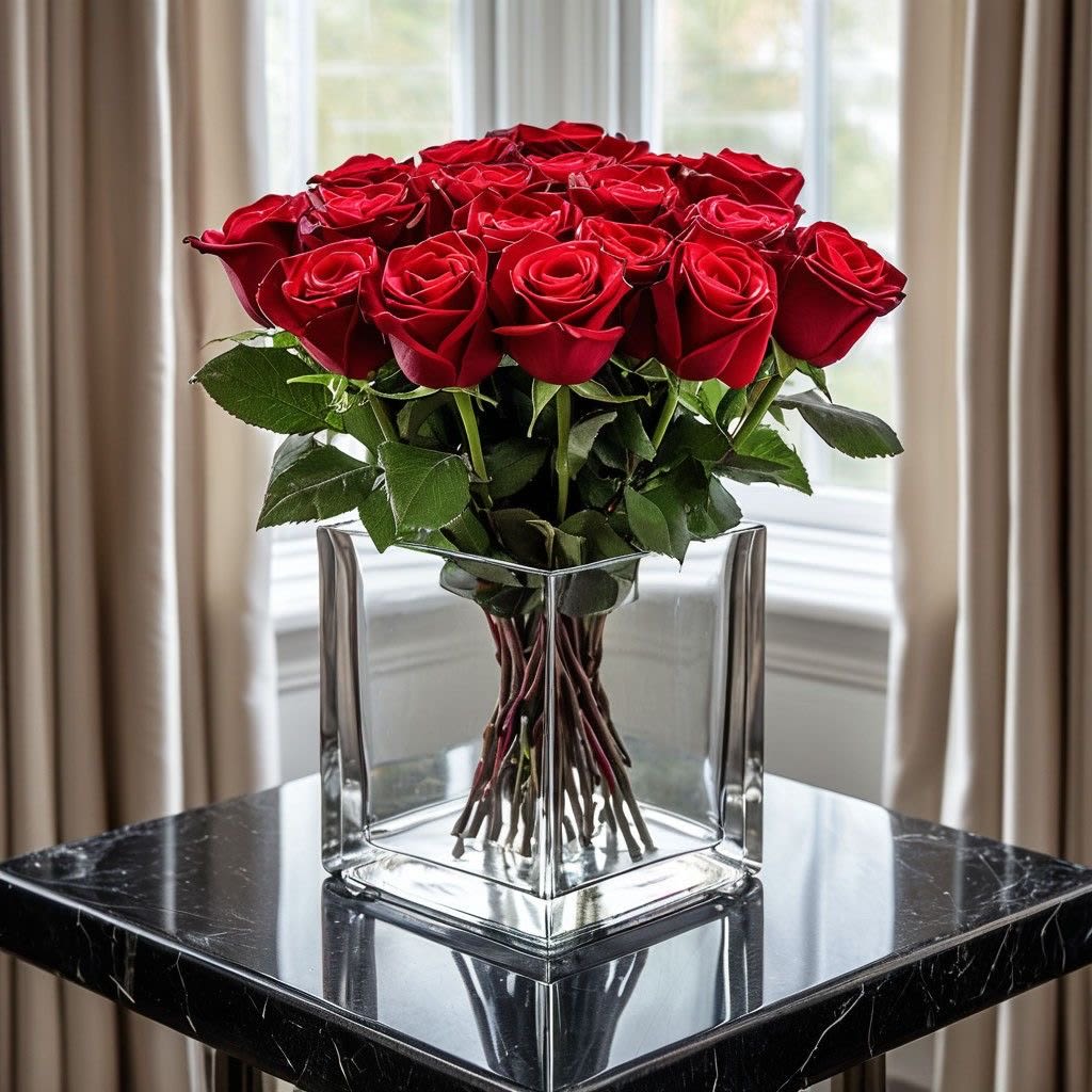 Elegant Rose Vase Arrangement - Simplicity meets sophistication — radiant red roses presented in a clear glass vase. A beautiful way to bring love and warmth into any space. Perfect for home delivery or a Valentine’s surprise.