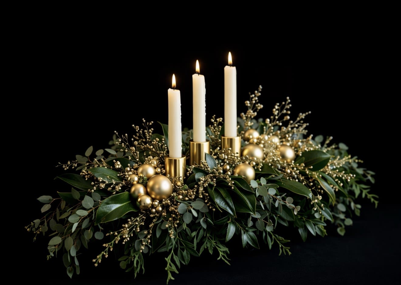 New Years Classic 3 Candle Evergreen  - New Years Classic 3 Candle Evergreen (No Flowers) Loaded with assorted mixed evergreens including magnolia leaves, berries, and more!