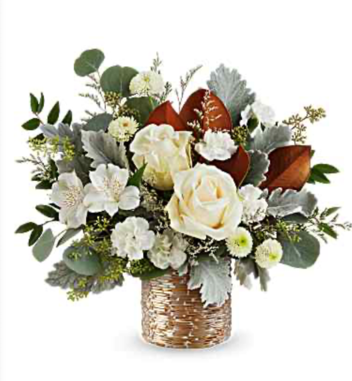 Golden Mod Bouquet - Golden Mod Bouquet shines with crème roses, white alstroemeria, and carnations surrounded by magnolia leaves, dusty miller, and eucalyptus. Designed in ceramic vase.  Golden Mod Bouquet includes crème roses, white alstroemeria, white miniature carnations, white button spray chrysanthemums, limonium, dusty miller, magnolia leaves, seeded and silver dollar eucalyptus, and huckleberry. 