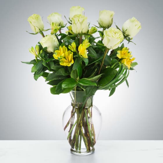 Green Apple by BloomNation™ - An all-green rose and alstroemeria is a great non-romantic flower option for somebody who likes roses. Perfect for sending as a graduation or congratulations gift to somebody you care about!  Approximate Dimensions: 15"D x 18"H