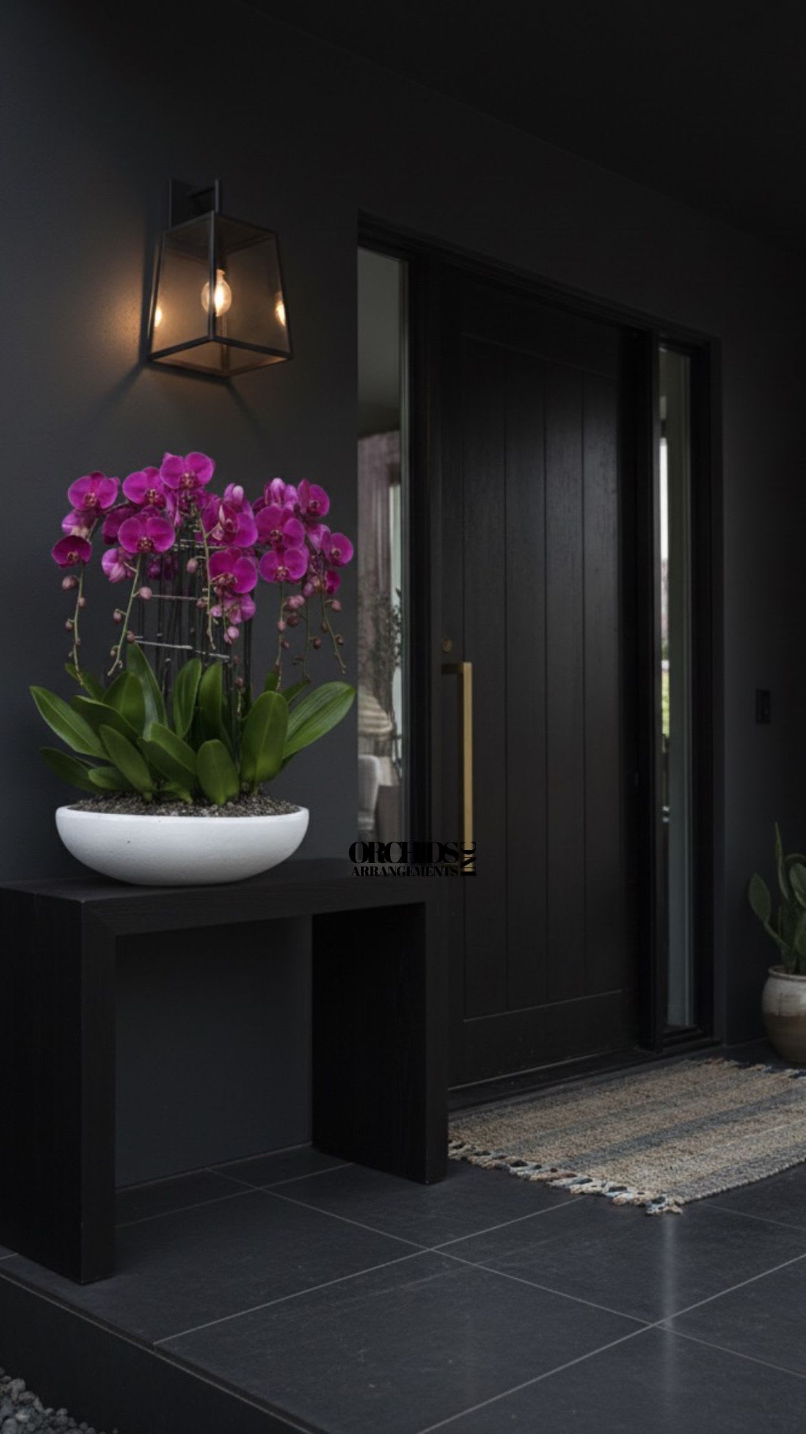 Phalaenopsis Purple Orchid Same Day - A high quality Sixteen purple orchids arrangement with a vase 20" D X 4" T. An orchids arrangement deliver for any occasion design with fresh natural real beautiful Phalaenopsis cascade orchids plants minimalist decor.