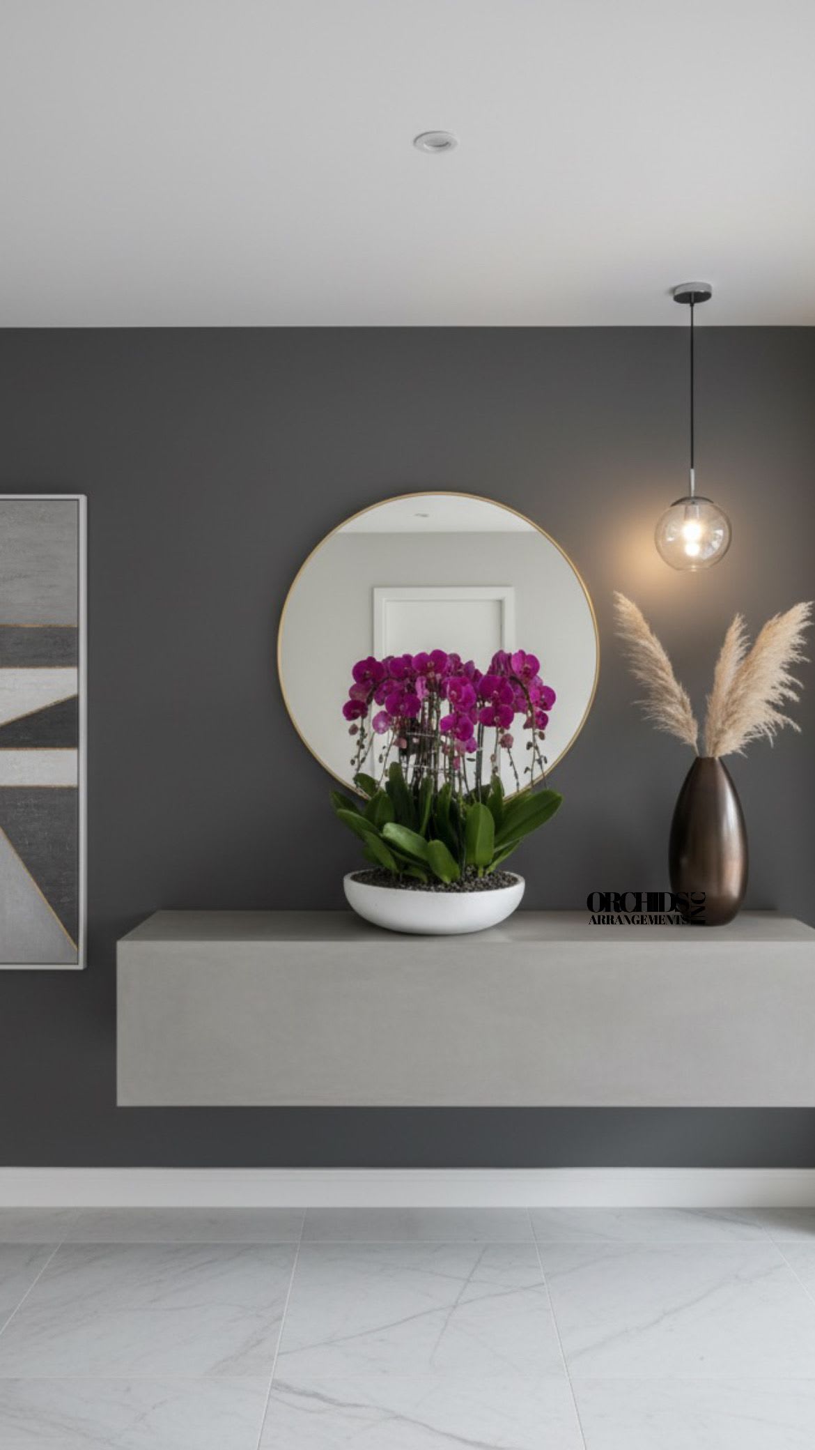 Same day Purple Flowers Orchids - A high quality Fifteen purple orchids arrangement with a vase 20" D X 4" T. An orchids arrangement deliver for any occasion design with fresh natural real beautiful Phalaenopsis cascade orchids plants minimalist decor.