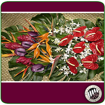 Tropical Supreme - 3 large red Anthurium, 4 medium red Anthurium, 4 purple Anthurium, 3 Bird of Paradise, 3 red Ginger, 4 Heliconia, 5 Dendrobium Orchid sprays and Assorted Greens.  TROPICALS DELIVERY OPTIONS  Shipping to US Mainland and Alaska only.  Fedex Shipping charges included in price.  No local deliveries or store pickups available.  One shipping address per order. Alaska shipments have an additional $10 handling fee. 