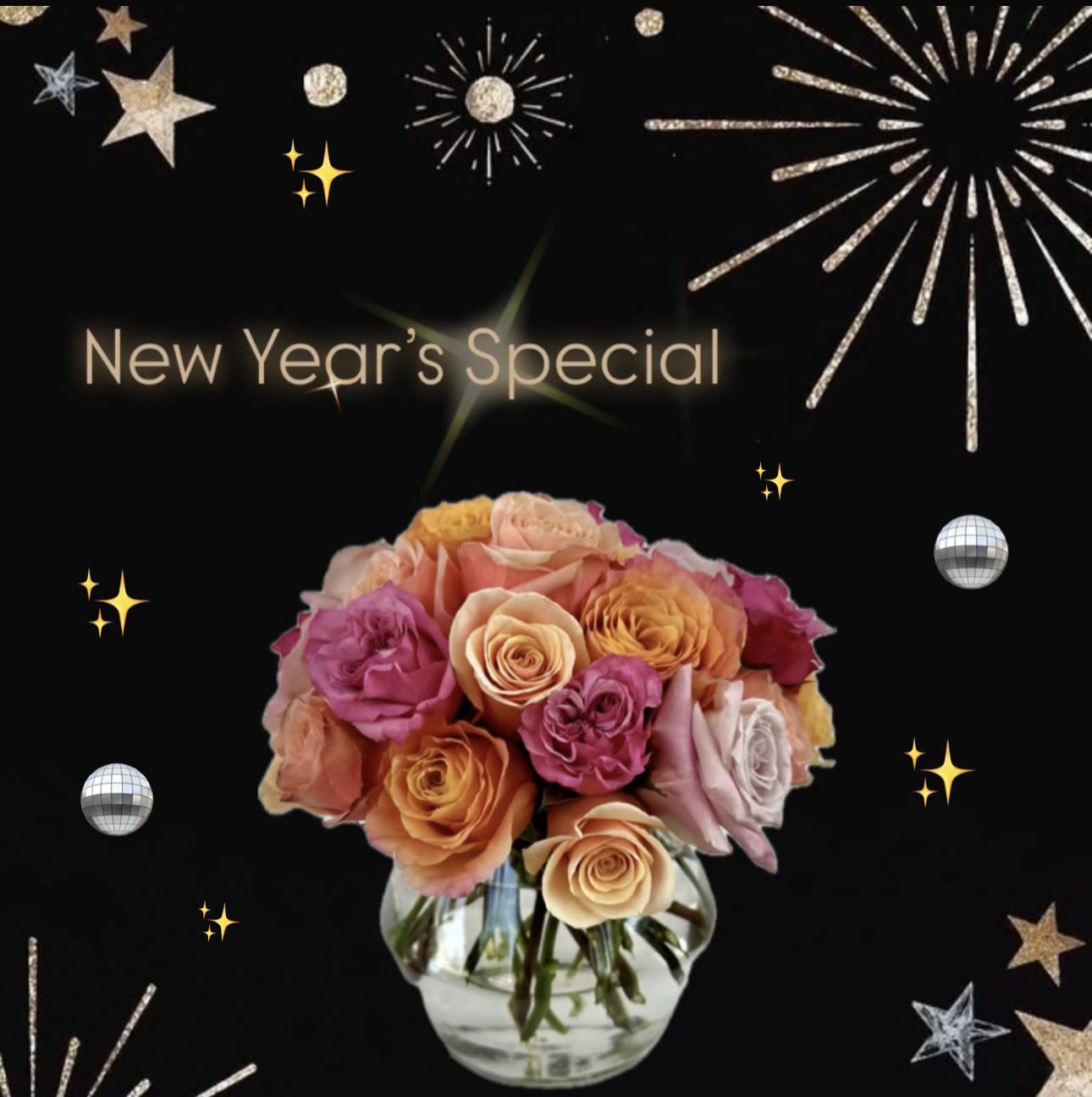 New Years Special - Bring in the new year with fresh florals! We are offering a special for $49 (not including delivery) In a vase of the designers choice, a mix of colorful roses will be the life of every New Years party!