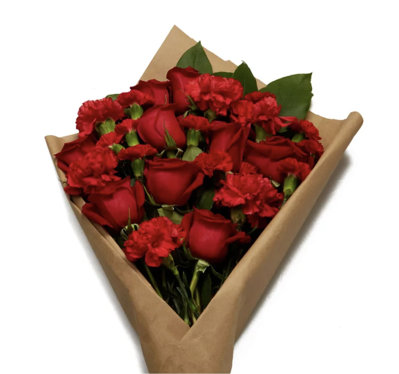 Beautiful just like you - Beautiful Red Roses with  Carnations Wrapped in Brown Paper or Colored Paper, accented with Greens. *no vase included.