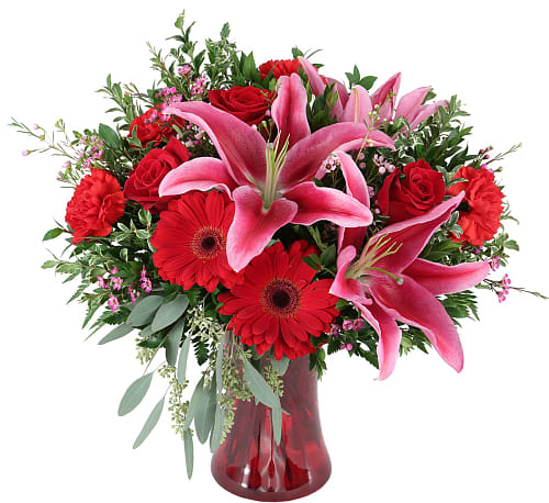 Love at First Sight - You loved them from the moment you saw them. Make sure they know with our one and only “Love at First Sight” original. Featuring a stunning array of red roses, red oriental lilies, red carnations, and fresh greens.