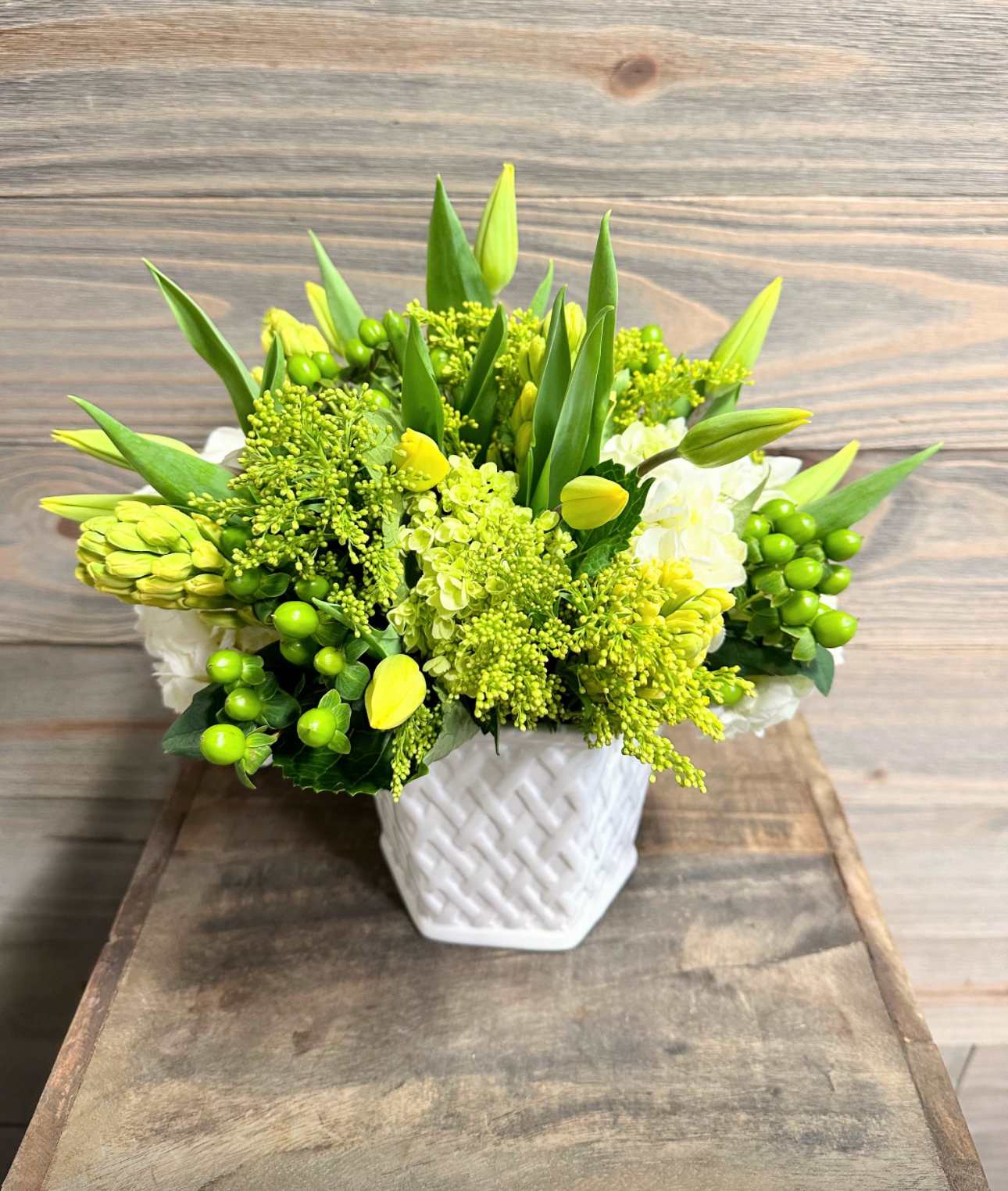 Chick's Delight - A beautiful spring arrangement of bright greens and yellows!