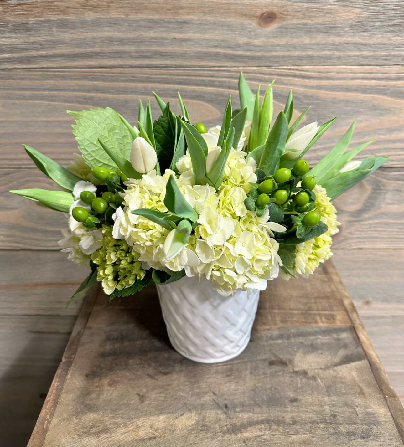 Cotton Tails - A premium arrangement of white and green spring flowers!