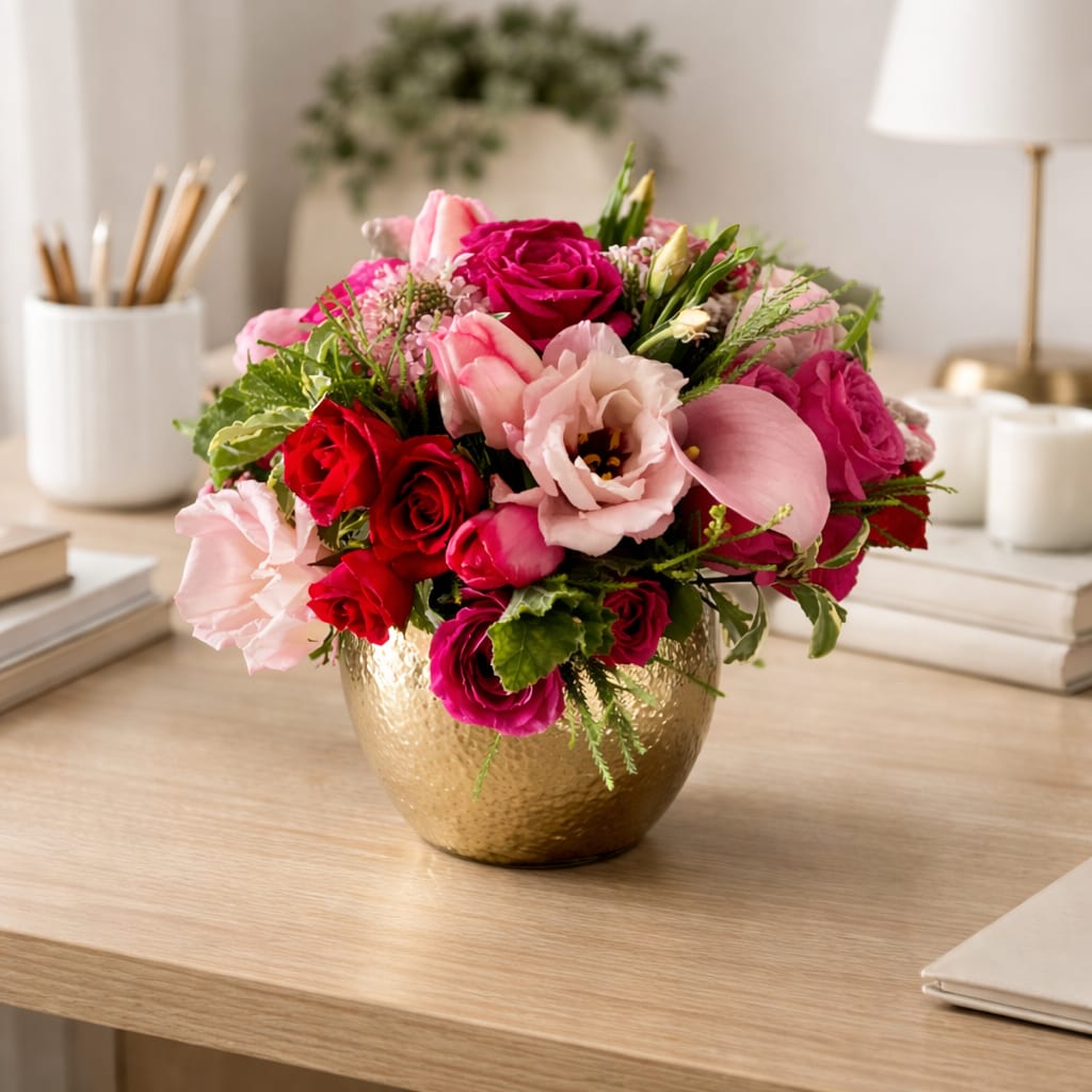 Flirty - Elegant Blush &amp; Berry Desk Arrangement  Bring warmth, inspiration, and refined beauty to any space with this elegant floral arrangement, thoughtfully designed for a modern home or office setting. Featuring a lush blend of rich berry-toned roses, soft blush blooms, and fresh seasonal greenery, this arrangement is artfully styled in a luxurious gold vase that adds a touch of sophistication without overpowering the space.  Perfectly sized for a desk, credenza, or bookshelf, this arrangement complements neutral décor and natural wood tones, making it an ideal accent for home offices, workspaces, or thoughtful gifting. The harmonious mix of romantic pinks, deep reds, and textured greens creates a calming yet uplifting presence—designed to inspire productivity and elevate everyday surroundings.  Whether you’re celebrating a milestone, sending appreciation, or enhancing your own workspace, this timeless floral design delivers beauty, balance, and lasting impression.  Details:  Premium roses and seasonal accent blooms  Soft blush, berry, and pink color palette  Fresh greenery for texture and depth  Arranged in a modern gold vase  Ideal for desks, home offices, and professional spaces  Perfect for: Home office décor, thank-you gifts, corporate gifting, work anniversaries, and everyday luxury.