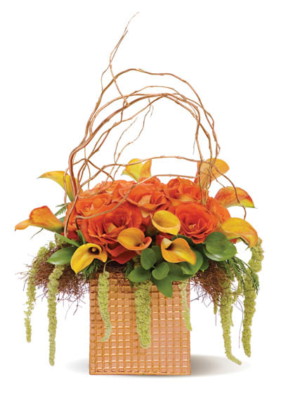 Autumn's Splendor - A modern arrangement of roses and calla lilies – in autumnal hues of orange and gold – is crowned with a touch of curly willow, and accented with fresh greenery.