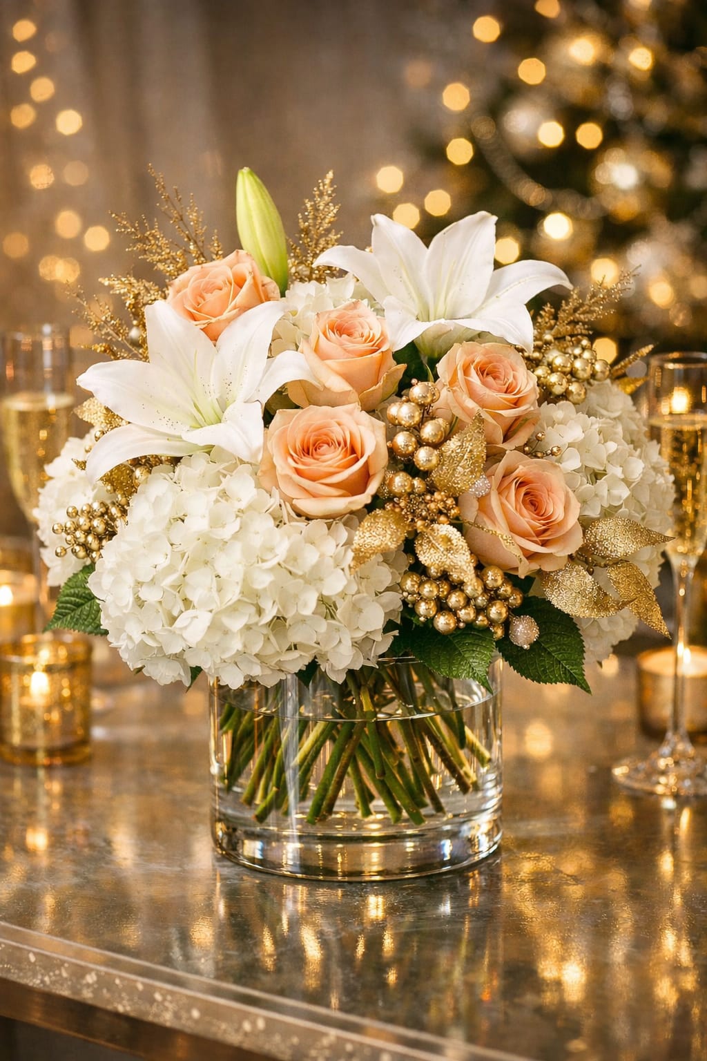 Champagne Blossom  - Celebrate in effortless style with Champagne Blossom, a luxurious floral arrangement designed to capture the sparkle of New Year’s celebrations and elegant winter gatherings. This sophisticated design features lush white hydrangea as a full, cloud-like base, accented with soft peach roses and pristine white lilies. Subtle gold accents add a festive shimmer, creating a refined yet celebratory look.  Arranged in a clear glass vase, Champagne Blossom reflects light beautifully and complements both modern and classic interiors. Perfect for New Year’s Eve, winter events, corporate gatherings, hotel lobbies, and upscale home décor, this arrangement offers timeless elegance with a fresh, romantic touch.  Why You’ll Love It:  Premium white hydrangea, peach roses, and white lilies  Elegant gold accents for a festive, champagne-inspired finish  Designed in a clear glass vase for a clean, modern look  Ideal for New Year’s floral arrangements, winter centerpieces, and luxury gifting