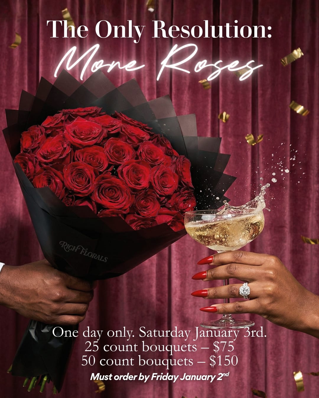 New Year Sale - Please leave rose color (red, light pink, hot pink or white) and wrapping paper color in the "Florist Notes" box during checkout