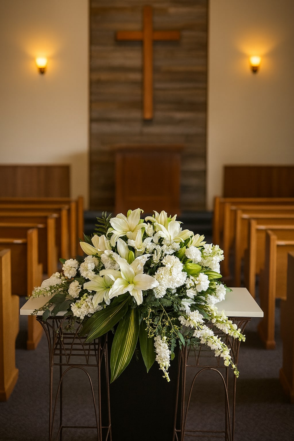 White Floral Casket  - An all white tribute, this half casket spray is pure in color and heart. Featuring a variety of white flowers and greenery, this elegant half casket spray compliments the beauty of life. 