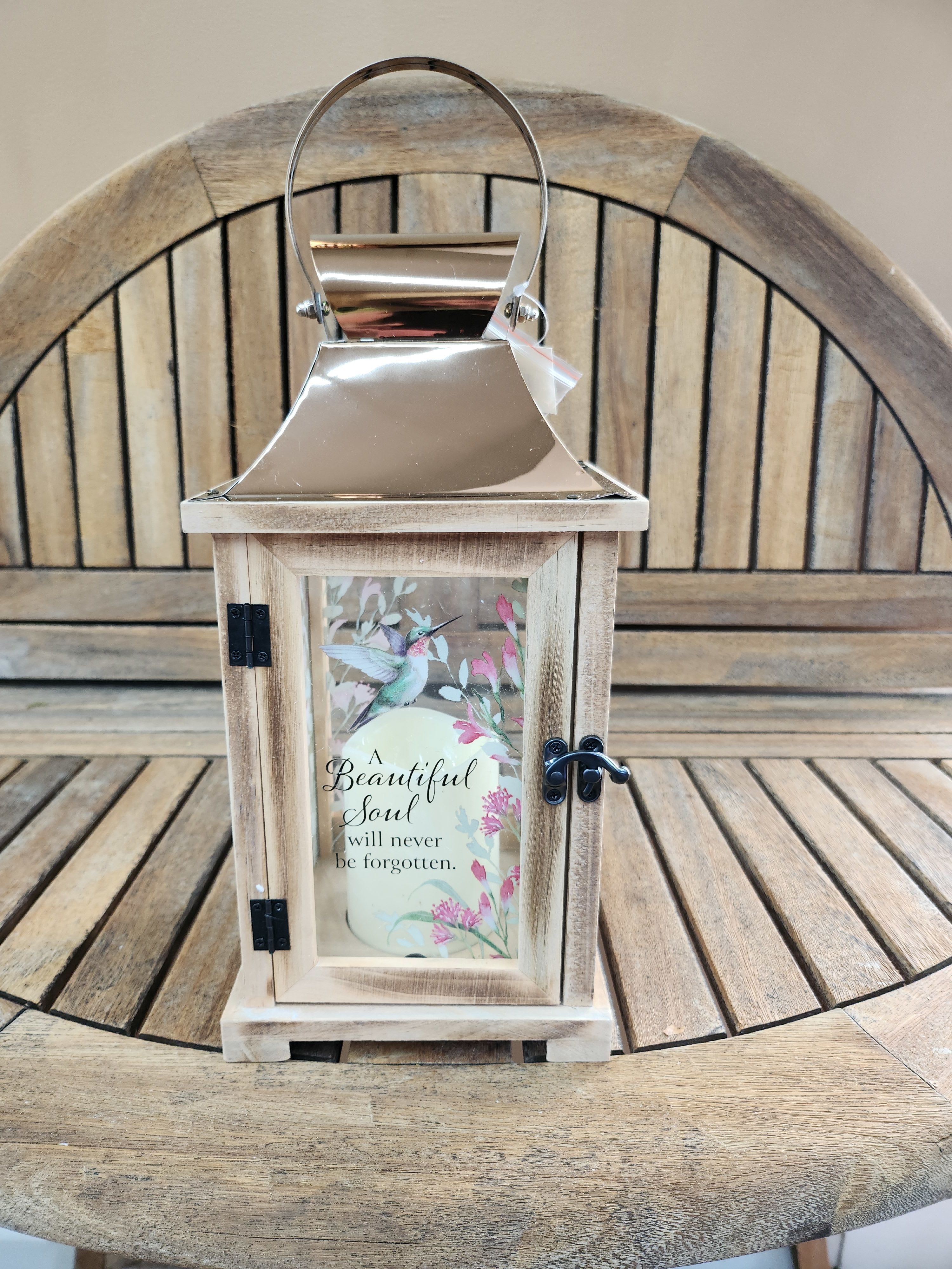 Lantern Beautiful Soul Natural - 13.5" by 6.25" Lantern with flameless candle. With inscription of Cardinals appear when angels are near. Requires 3 AAA Batteries. Batteries Are Included. 