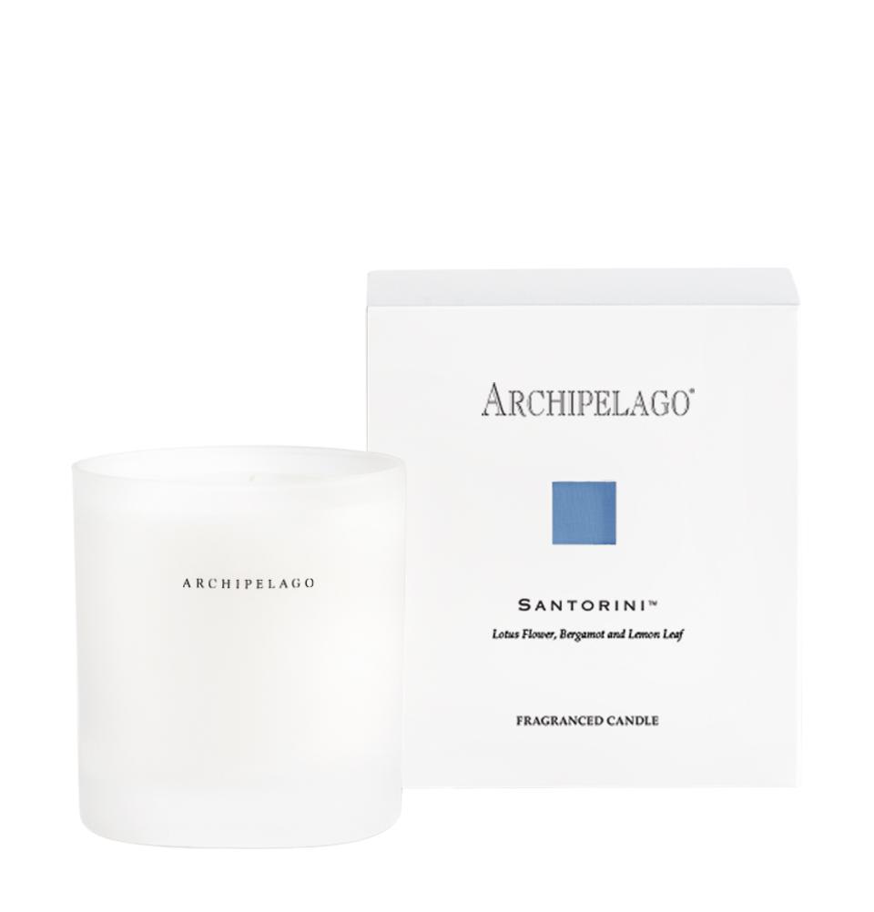 Santorini Candle - Inspired by favorite destinations from around the globe - our Santorini Boxed candle boasts a full, complex fragrance and bold color, guaranteed to transport you to new worlds. Each candle is hand-poured into a simple frosted glass, contains over 70% soy wax that is blended with the finest ingredients and fragrance oils available. This box candle, with its complementary matches, makes a thoughtful gift for someone special.