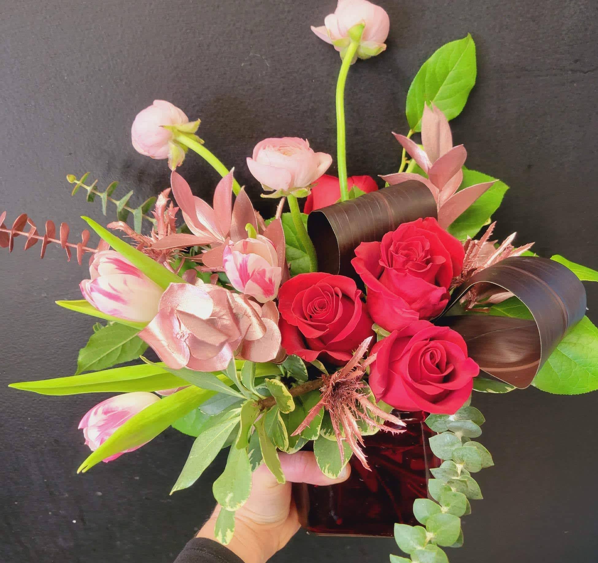 Fun Loving cube - Red cube with Red and Pink flowers in a fun design 