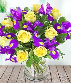 Iris Love  - Do they love Iris? This is your arrangement. 12 Yellow roses and 12 Iris