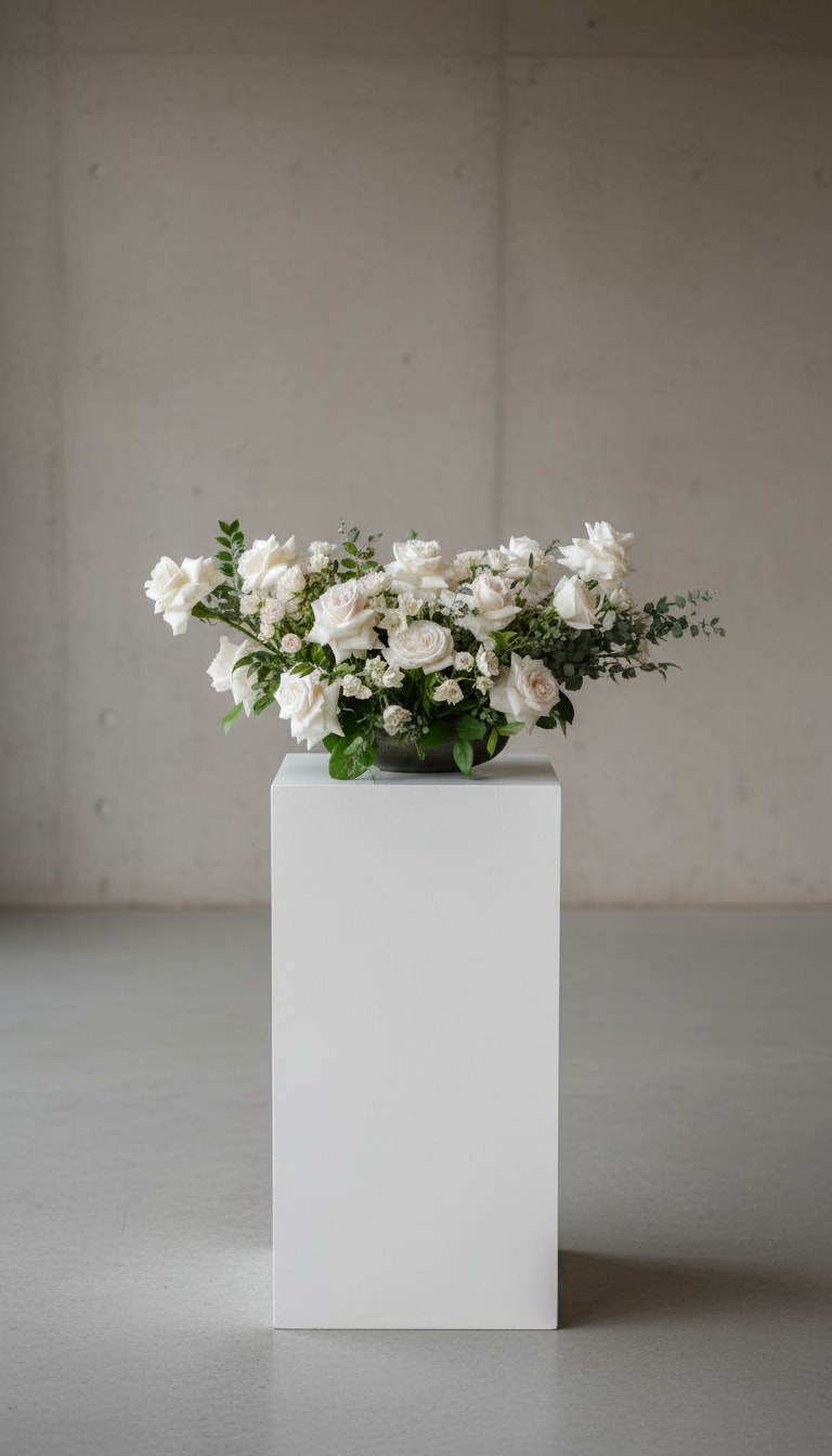Sunday Table - A lush, low-profile centerpiece designed to bring effortless beauty into your home. Featuring premium ivory roses, delicate spray blooms, and fresh seasonal greenery, this arrangement is thoughtfully composed for dining tables, consoles, and everyday living spaces. Soft, natural, and timeless, a piece meant to be lived with, not just admired.