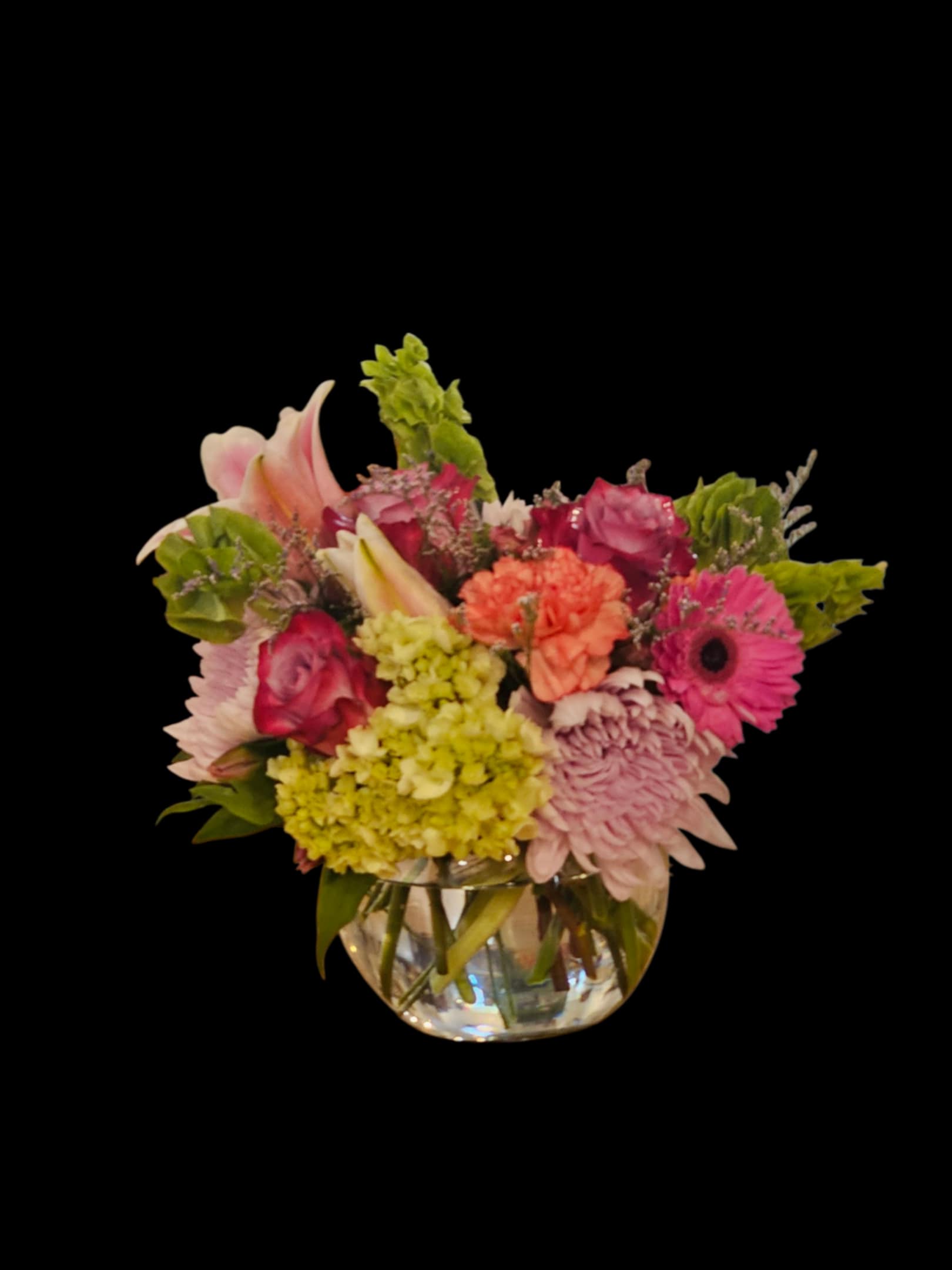 Petite and sweet - A bowl full of seasonal flowers!! Sure to delight anyone!  A mix of beautiful blooms and colors, ready to delight anyone of any age for any occasion, designed in a 6" bubble bowl, perfect for any table, and any decor...All blooms will be what is in season