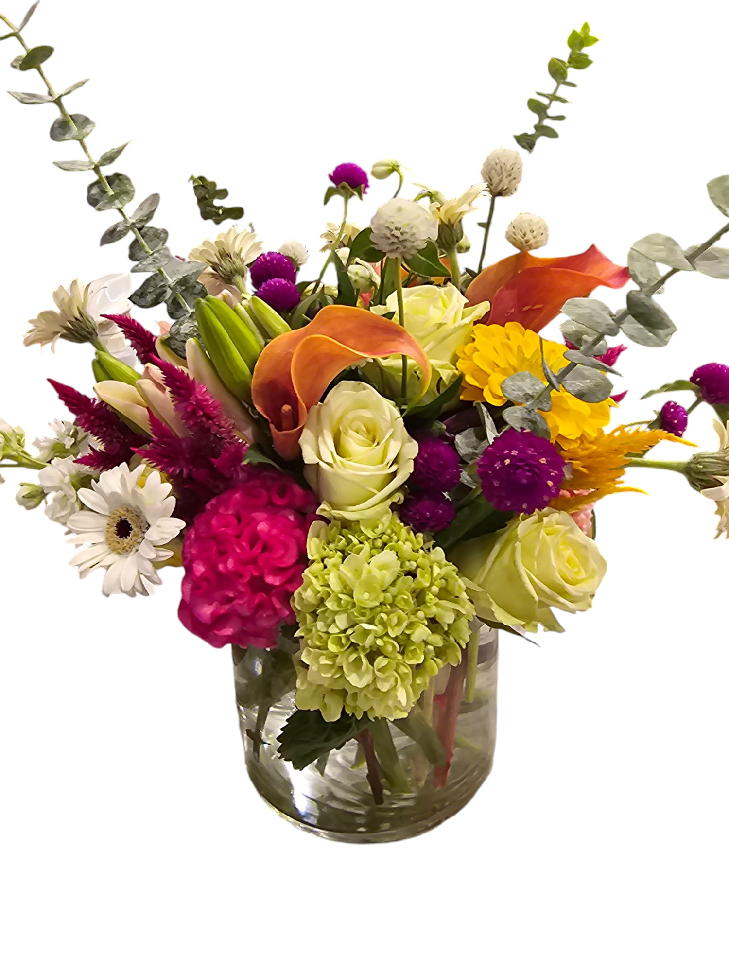 Luxe House Special - Mixed flowers in a 6x6 cylinder vase, full of lush, gorgeous, high-end floral, including. mini green hydrangea, calla lily, roses, lilies, and in season florals. Perfect for any occasion, or gift giving purpose