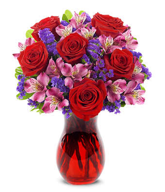With Love Forever Yours  - Red Roses with pink&amp;white Alstormeria &amp; Statice Tissue(purple) in a Red Glass Vase. 