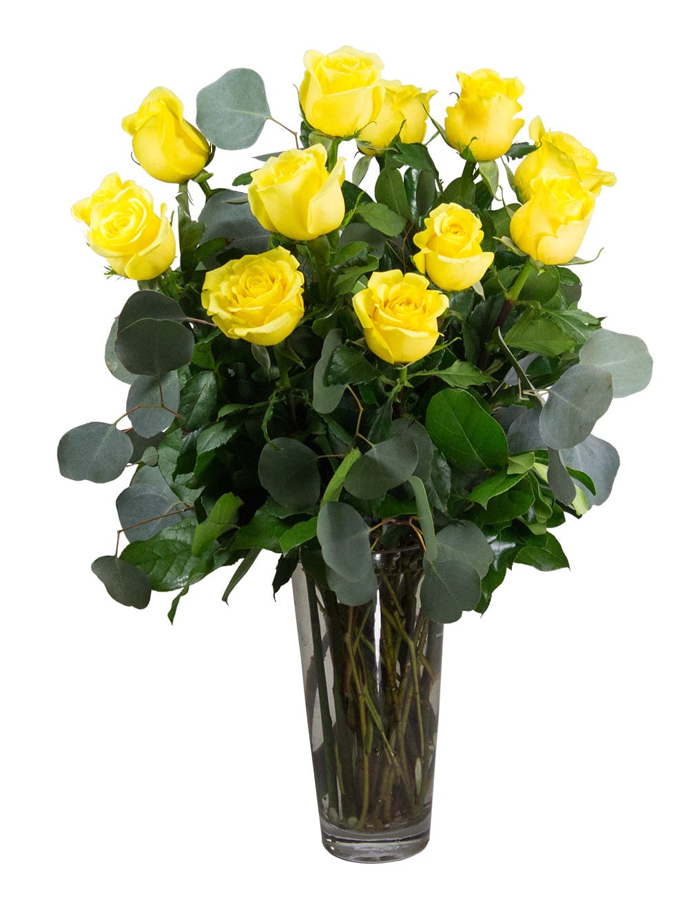 yellow roses - Nothing speaks of love so much as a bouquet of beautiful yellow roses. Arranged with mixed greens in a classic glass vase.