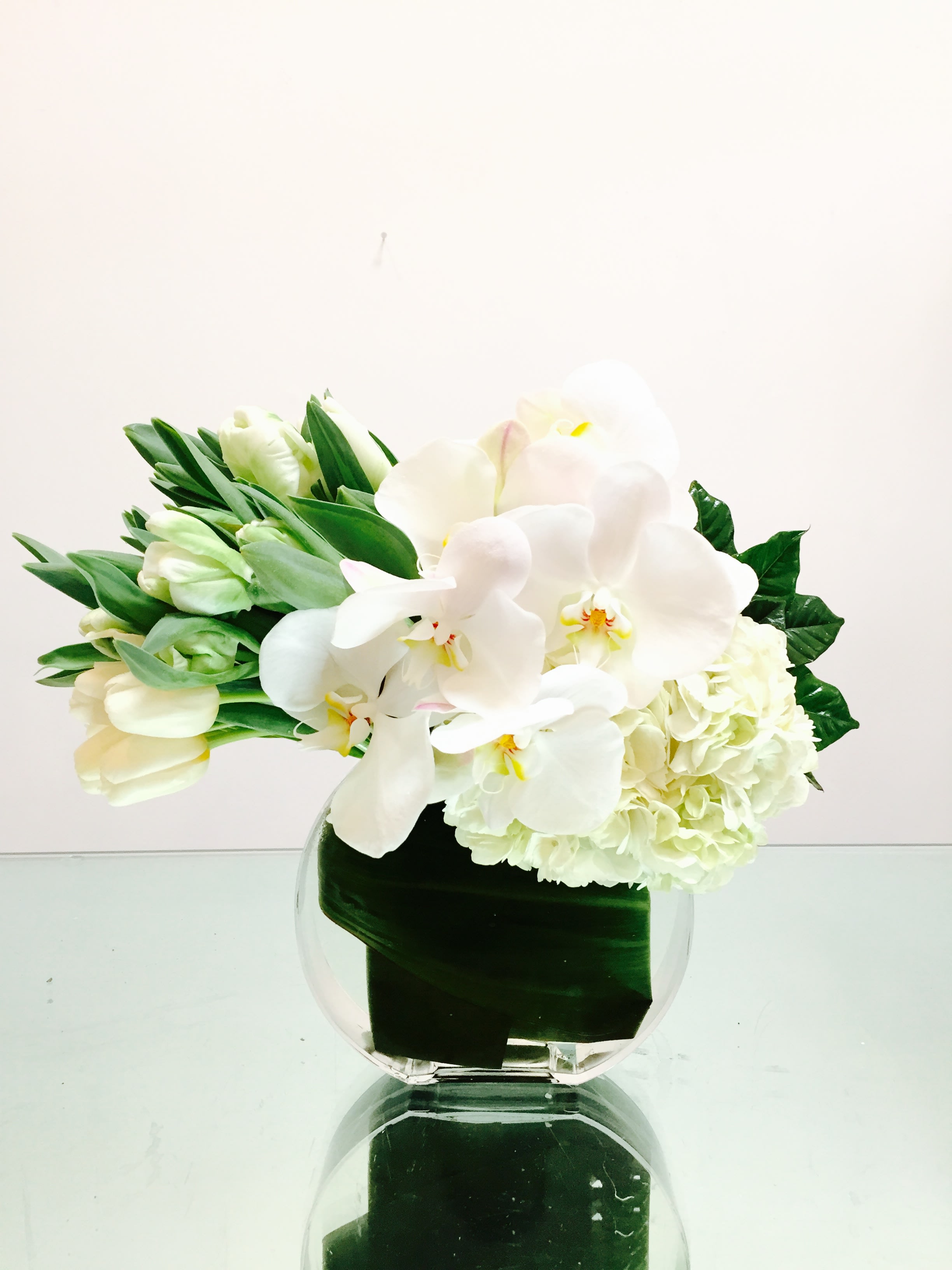 Innocence - A sweet and chic arrangement that's perfect for a sweet gift. Full of fluffy white hydrangea, fresh parrot tulips and luxurious phalaenopsis orchids, it will make a perfect addition to any desk or small table!  *PREMIUM pictured*