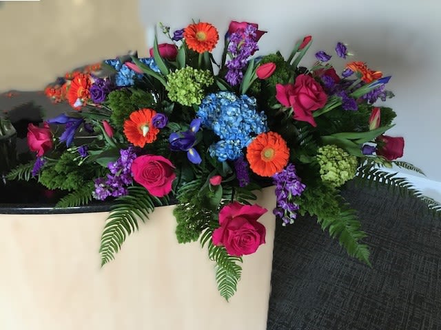 Half Casket Bold Blooms - Hydrangea, gerbera daisies, tulips, stock, roses, lisianthus, iris