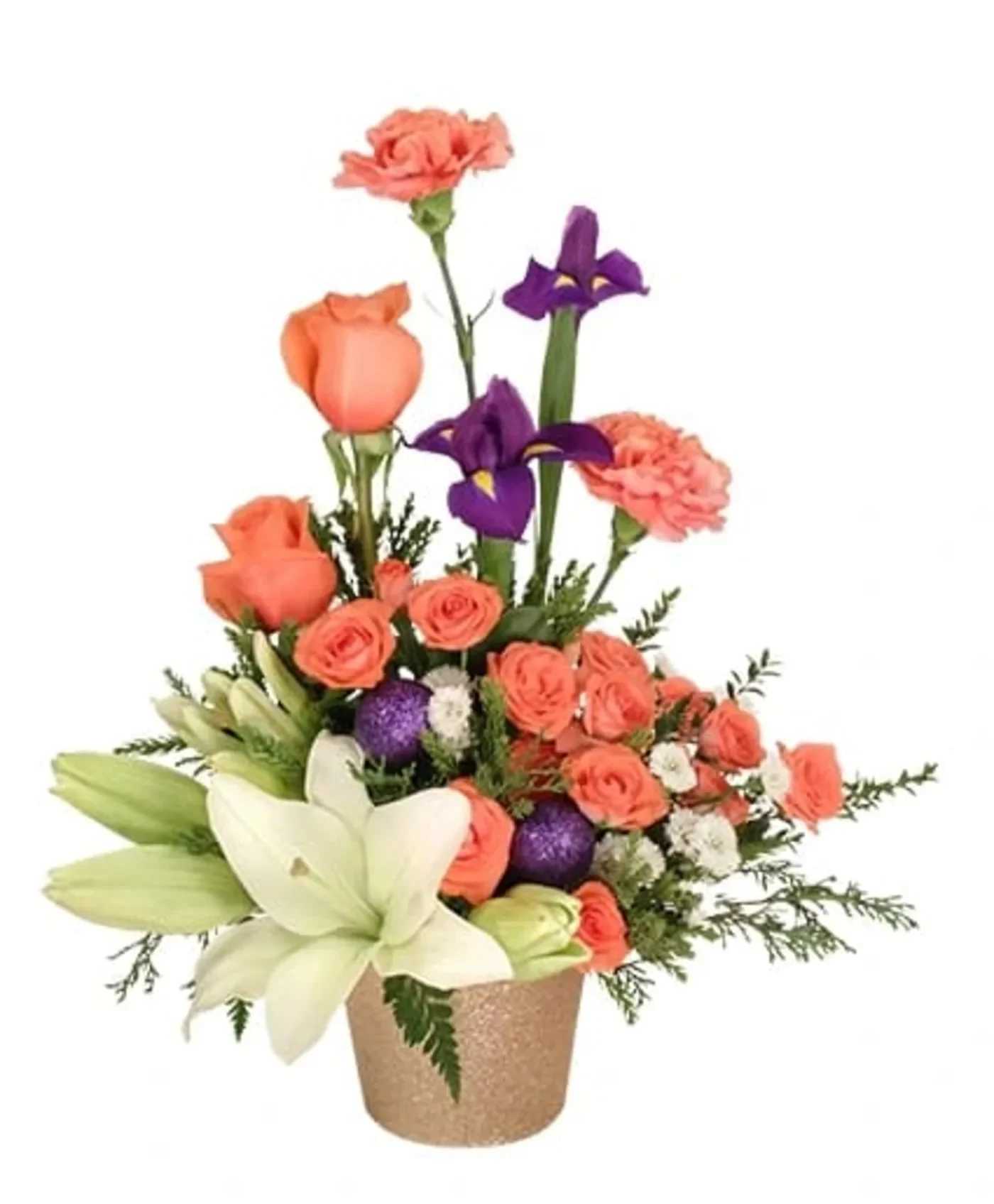 CELEBRATE A NEW YEAR - Celebrate in style with a bright winter arrangement perfect for ringing in the New Year! Peach roses, purple irises, white ‘Monte Casino’ asters, white lilies and purple sparkly ornaments combine for an explosion of color. Order this great arrangement for your winter party today! 