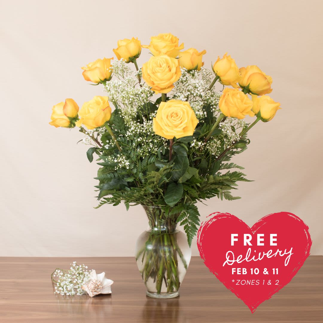 Yellow Valentine Masterpiece  - Bring sunshine to someone’s day with our Brighten Their Day Yellow Rose Arrangement, a cheerful and heartfelt gift for any occasion.  Includes a dozen premium yellow roses, radiating warmth and positivity. Perfectly arranged to brighten the mood of your special someone and spread joy.  Note: In the event of a product shortage, the rose color may be substituted with a Pretty Pastel arrangement. To ensure your preferences are met, please specify two alternate colors in the "Specific Instructions" box during checkout.  Color options: Pink, White, Lavender, Yellow  This vibrant arrangement is the ideal way to express appreciation, friendship, or love with a touch of brightness and beauty. 