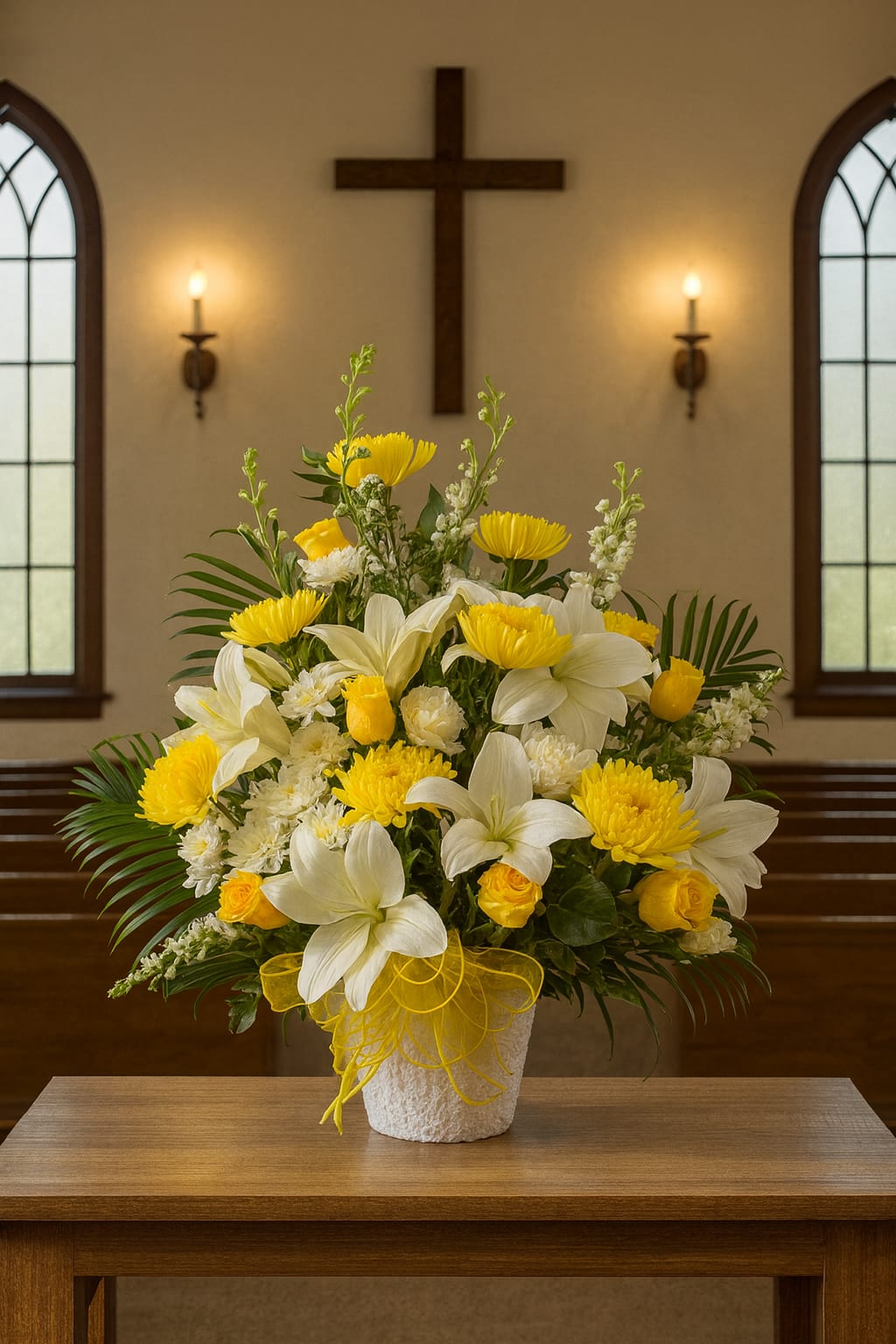 Yellow and White Standing Basket  - yellow and white  fresh flowers in funeral standing basket , banner included , please add to special instructions tab