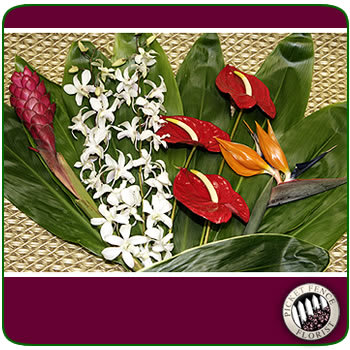 Lehua - 3 medium red Anthurium, 1 Bird of Paradise, 1 red Ginger, 2 Dendrobium Orchid sprays and Assorted Greens.  TROPICALS DELIVERY OPTIONS  Shipping to US Mainland and Alaska only.  Fedex Shipping charges included in price.  No local deliveries or store pickups available.  One shipping address per order. Alaska shipments have an additional $10 handling fee.