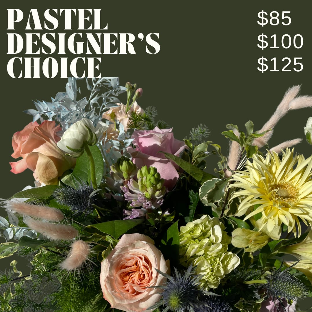 Pastel Designer's Choice Arrangement  - Allow our designers to choose our freshest, soft pastel blooms! Arranged in a clear glass vase. Flower types and color will vary!  *IMAGE SHOWN IS AN EXAMPLE AND WILL NOT BE REPLICATED*