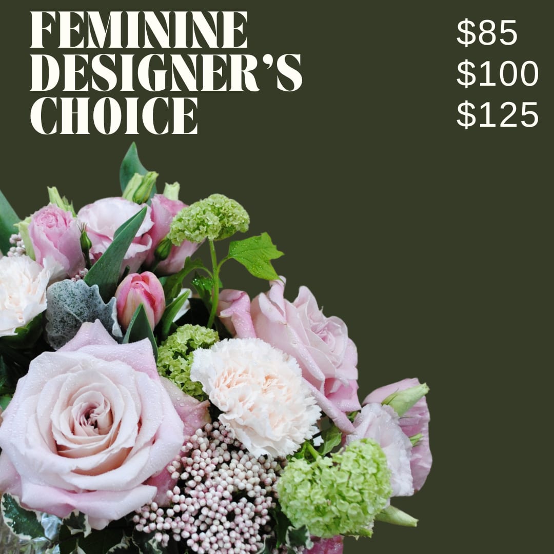Feminine Designer's Choice  - Allow our designers to choose our freshest blushy blooms! Arranged in a clear glass vase. Flower types and color will vary!  *IMAGE SHOWN IS AN EXAMPLE AND WILL NOT BE REPLICATED*