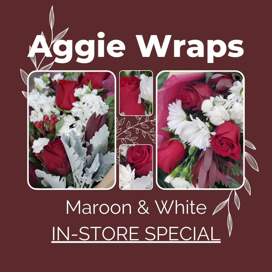 Aggie Wrap - In-Store Special - WHOOP! Celebrate your favorite aggie's ring day, graduation, or a passing grade! These wraps are accented with maroon decorative paper, a rustic twine bow, and sturdy craft paper.  **Florals included in wrap may change due to availability, but will remain maroon &amp; white.  Our special includes tiers not usually found on our website! We offer these only for pick-up during special events, so hurry to order your arrangement now!