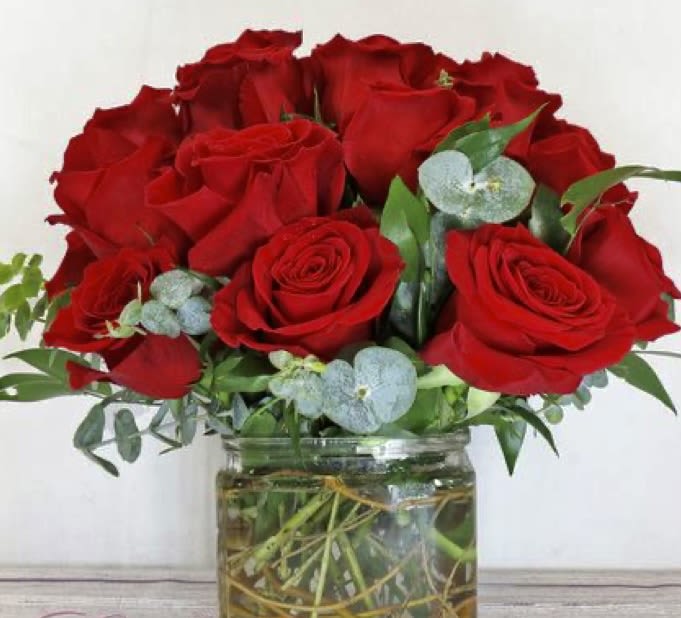 For the love of Roses - Red roses or color of your choice , red, pink , or white nesting in a cube vase with natural twigs and sprigs of eucalyptus smells heavenly 