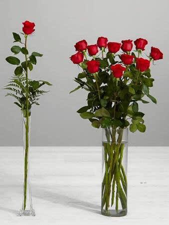 One to a Dozen Reasons Why I Love You. - Two clear vases, Vase size is 16" tall. One with a premium single rose and one with a dozen premium roses. (your choice of available colors.)  Substitution Policy In some instances, the florists photo may represent an overall theme or look and include a one-of-a-kind vase which cannot be exactly replicated. Although the actual bouquet may not precisely match the photo, its temperament will. Occasionally, substitutions of flowers or containers happen due to weather, seasonality and market conditions which may affect availability. If this is the case with the gift you've selected, the local florist will ensure that the style, theme and color scheme of your arrangement is preserved and will only substitute items of equal or higher value.