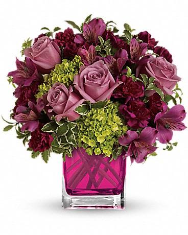 Splendid Surprise - Lovely at first sight. Green miniature hydrangea and lavender roses are a lovely combination! This extra-sweet bouquet comes in our fuchsia glass cube. Green miniature hydrangea, lavender roses, purple alstroemeria and maroon miniature carnations accented with greens. Delivered in Teleflora''s glass fuchsia cube. Approximately 10 1/2" W x 11 1/2" H This item is hand-arranged and delivered by our florist. All prices in U.S. Dollars.